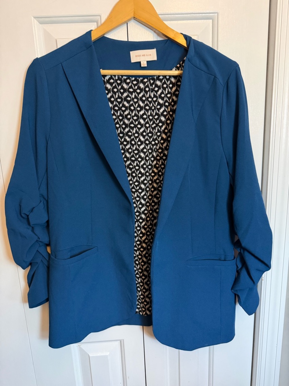 Skies Are Blue Open Front Blazer Teal Blue Ruched Sleeves Size L